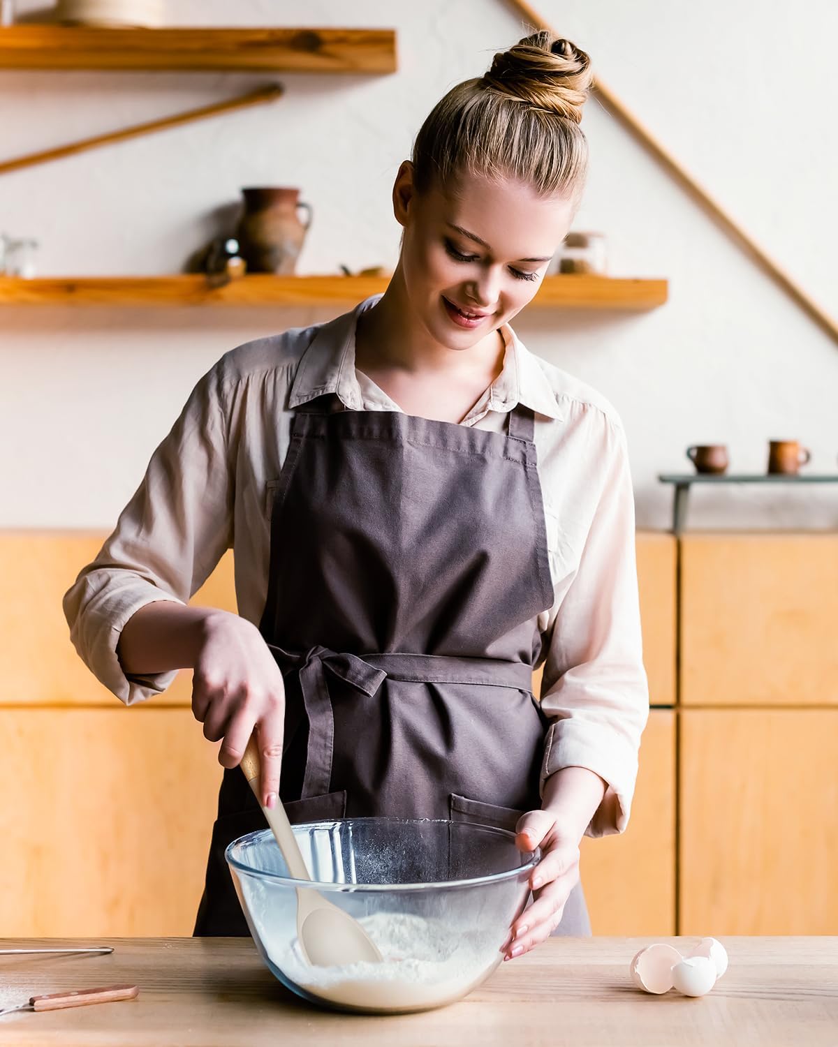 Silicone Cooking Spoons, Great for Scooping Sides and Serving Hearty Stews, BPA-Free Matte Silicone, Wooden Handle Serving Spoon for Nonstick Cooking Surfaces (Khaki)