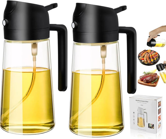 2-in-1 Glass Oil Dispenser & Sprayer - 16oz/470ml Leakproof Bottle for Cooking, Air Fryer, BBQ, Baking, Salad (Transparent Black 2PCS)