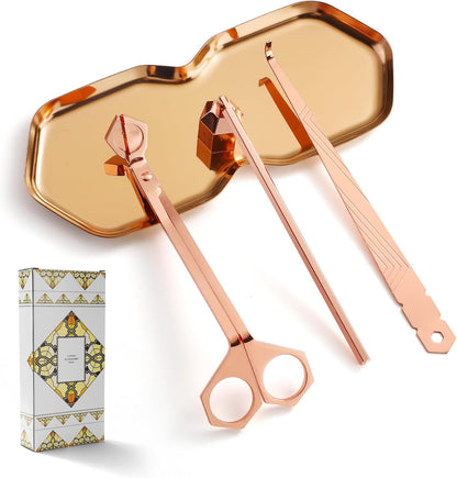 PATOISE 4 in 1 Candle Accessory Set, Wick Trimmer, Candle Snuffer, Wick Scoop,Storage Tray,Perfect for Candle Lovers (Rose Gold)