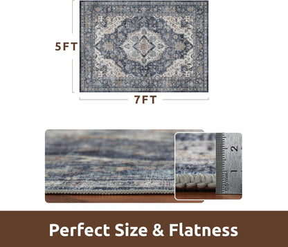 AMOAMI-Area Rug 5X7 Rugs for Living Room-Vintage Soft Blue Rugs for Bedroom-Non Slip Carpet-Machine Washable Rug for Dining Room Living Room Bedroom Office Under Table