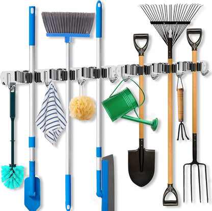 ZONGOOL 2 Pack 3 Racks and 4 Hooks Mop and Broom Holder Wall Mount, Heavy Duty Broom Hanger Organizer Storage Tool Racks Stainless Steel Self Adhesive Wall Hanger for Kitchen Garden Laundry Garage