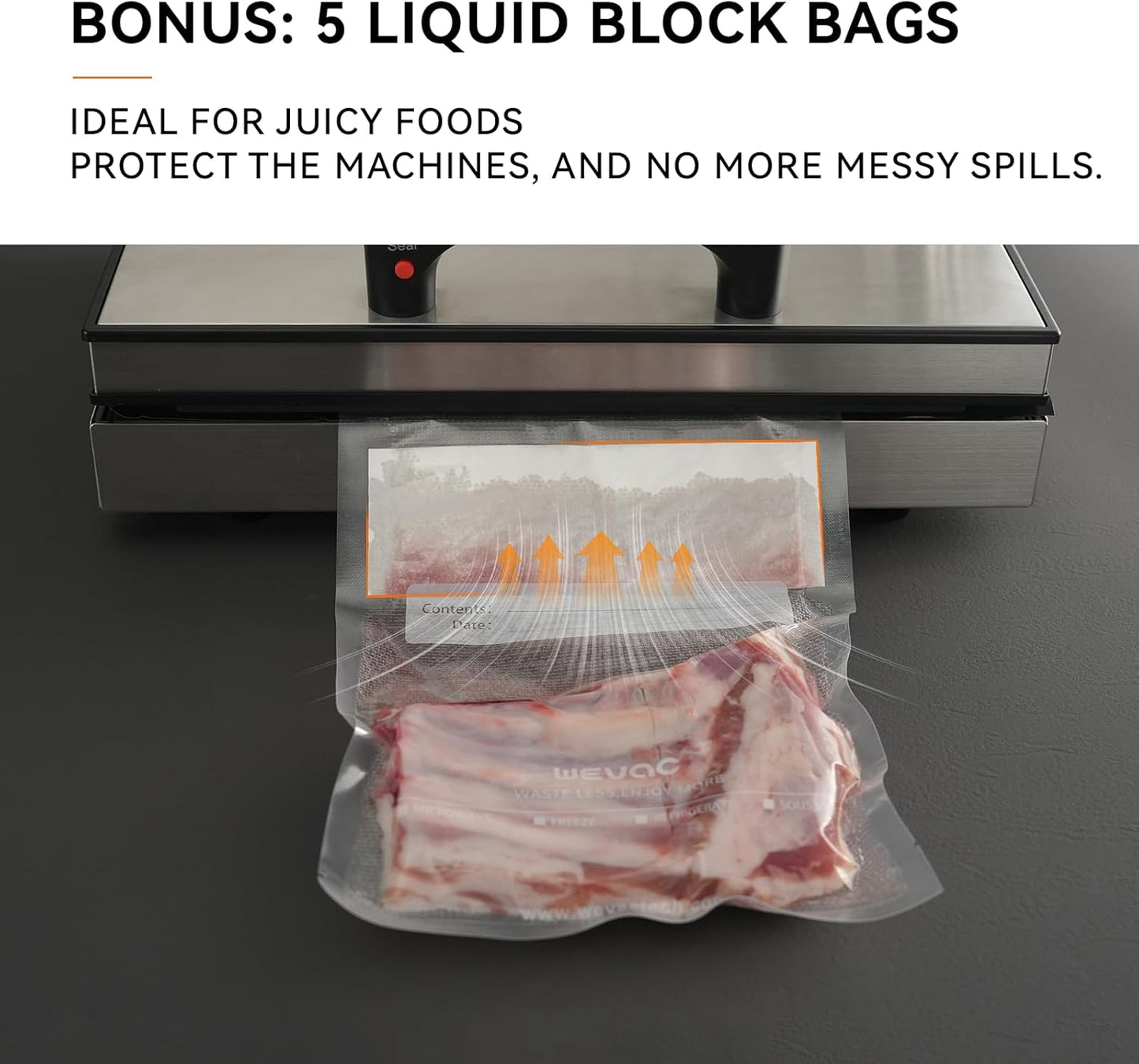 Wevac Vacuum Sealer Bags, 150 Gallon 11" x 16", and Quart 8" x 12" and Pint 6" x 10", 5 Liquid Block Bags & 5 Bone Guard Pieces, Heavy Duty for Food Storage, Sous Vide & Meal Prep