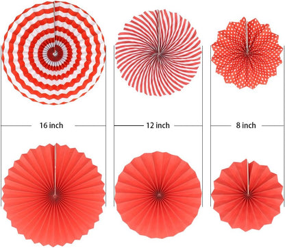 Party Hanging Paper Fans Set, Red Round Pattern Paper Garlands Decoration for Birthday Wedding Graduation Events Accessories, Set of 6