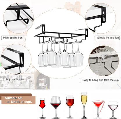 AUHOKY 2Pcs Adjustable Wine Glass Rack Under Cabinet, Punch-Free 3 Rows Stemware Metal Holder, Hanging Glass Storage Hanger Organizer for Shelf Kitchen Bar Decor (3 Rows, Black)