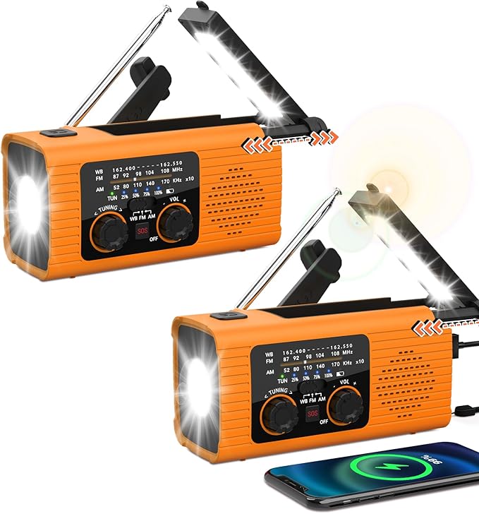 Emergency Weather Radio NOAA/AM/FM with 4000mAh Portable Radio, USB/Solar/Hand Crank Charging, LED Flashlight, Lamp, SOS Alarm, Radios for Outdoor Indoor Hurricane Survival Essentials, 2 Pack