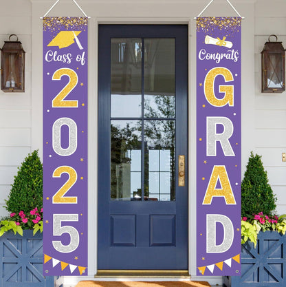 Graduation Decorations 2025 GRAD Banner Purple Porch Door Sign Welcome Banner For Indoor Outdoor Wall Graduation Decorations Class of 2025