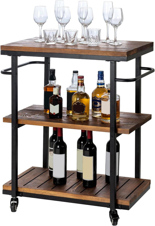 Bar Carts for The Home, Rolling Home Bar Serving Cart on Wheels, 3 Tier Portable Bar Cart, Rolling Coffee Cart with Lockable Wheels, Rustic Burnt Solid Wood and Industrial Matte Black Metal