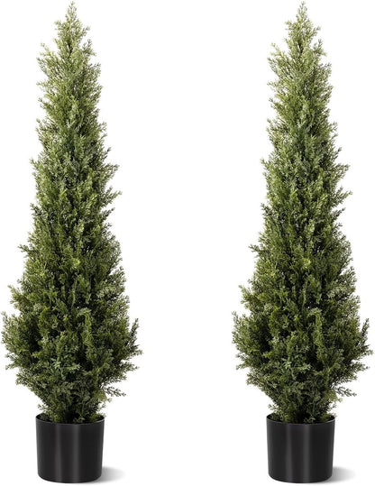 Artificial Cedar Topiary Trees 2 Set, Realistic Fake Cypress Tree Tall Faux Pine Shrubs Plants Artificial Cypress Trees for Home Offices Porch Decor (Cedar Topiary Trees, 5FT)