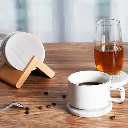 BCS Premium Marble Coasters Set of 6 with Holder - White Stone Drink Coasters for Coffee Table, Durable Cup Mats for Beer, Wine, Beverages - Elegant Home & Office Decor Present
