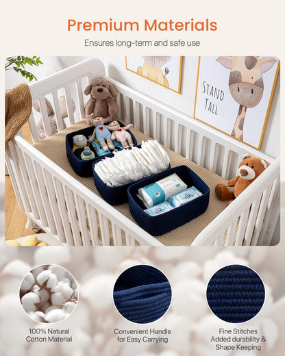 Small Woven Basket, 13.5 x 9.5 x 5 Inches, Storage Basket for Organizing, Cute Small Rope Shelf Closet Cube Storage Bins Baskets for Shelves, Dog Toy Gift Baskets Empty, 3 Packs, Navy Blue