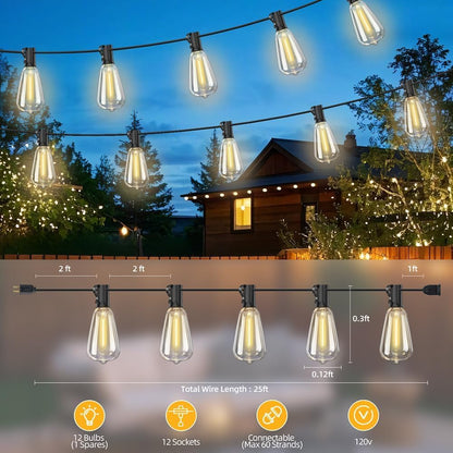 ST38 Outdoor String Lights 25FT with 12+1 LED Bulbs, E12 Socket, Waterproof Commercial Grade, 2700K Warm White for Garden, Backyard, Bistro, Patio, Porch, Deck, Gazebo, Wedding Decor