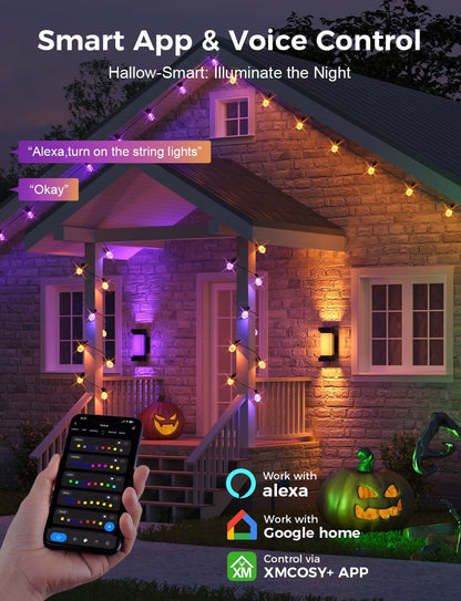 XMCOSY+ 48FT Smart Outdoor String Lights - RGBCWIC Dimmable Acrylic Bulbs, Color Changing LED Patio Lights APP WiFi Control, Compatible with Alexa, IP65 Waterproof Outside Lights for Yard Porch