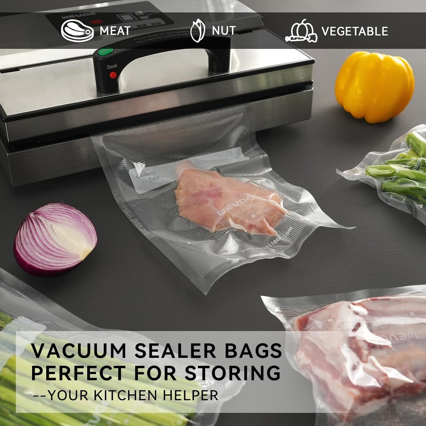 Wevac 11" x 16" Precut Vacuum Sealer Bags, 100 Count, Includes 5 Liquid Block Bags & 5 Bone Guard Pieces, Heavy Duty for Food Storage, Sous Vide & Meal Prep