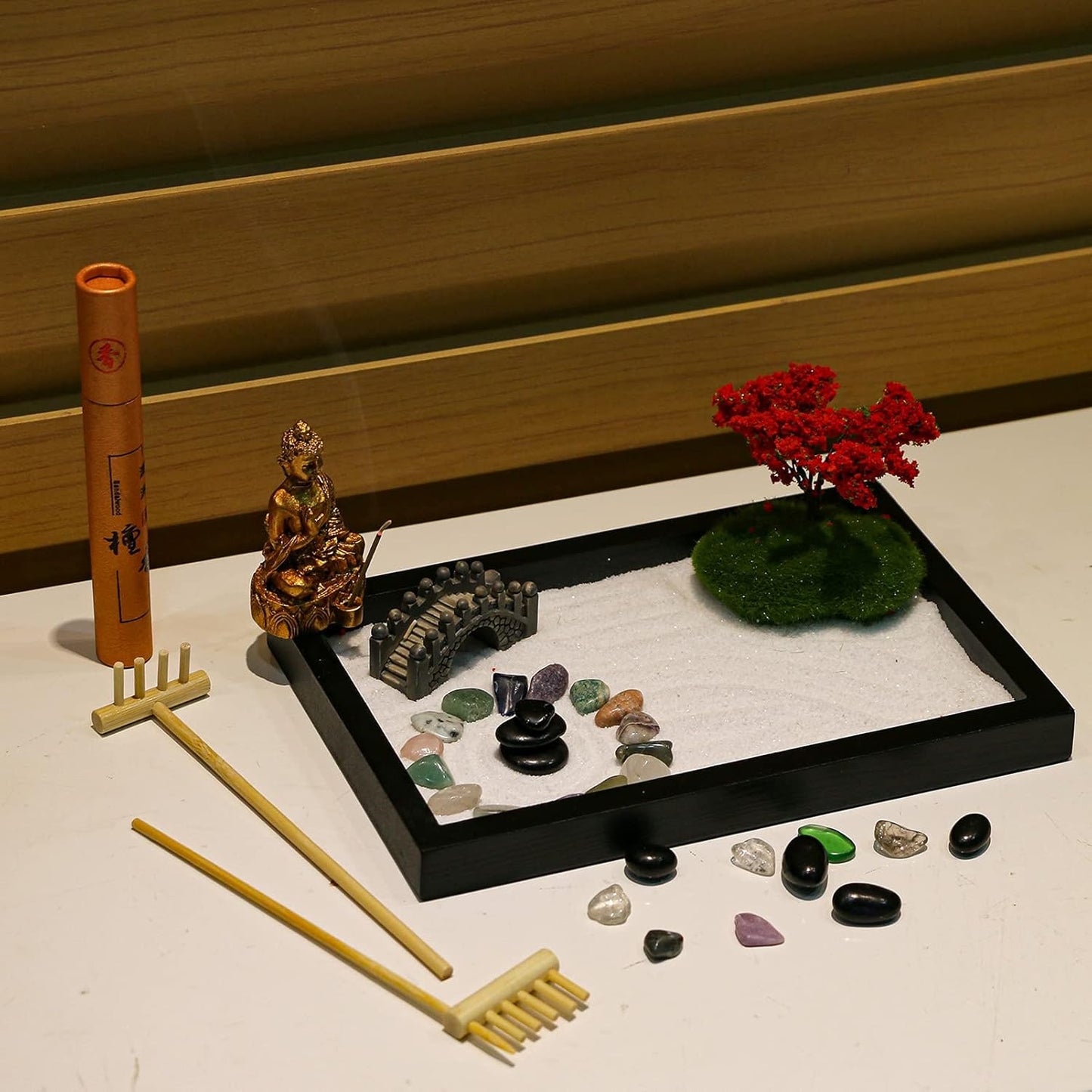 Mini Meditation Zen Garden Kit - Japanese Tabletop Rock Sand Chakra Buddha Garden Home Office Desk Decor Gifts for Father Mother Birthday - Sandbox w/Rake Tool Accessories