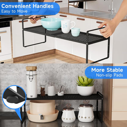 Expandable Cabinet Shelf Organizers, Kitchen Small Stand Rack Organization for Countertop Cupborad Pantry, Black 1 Pack