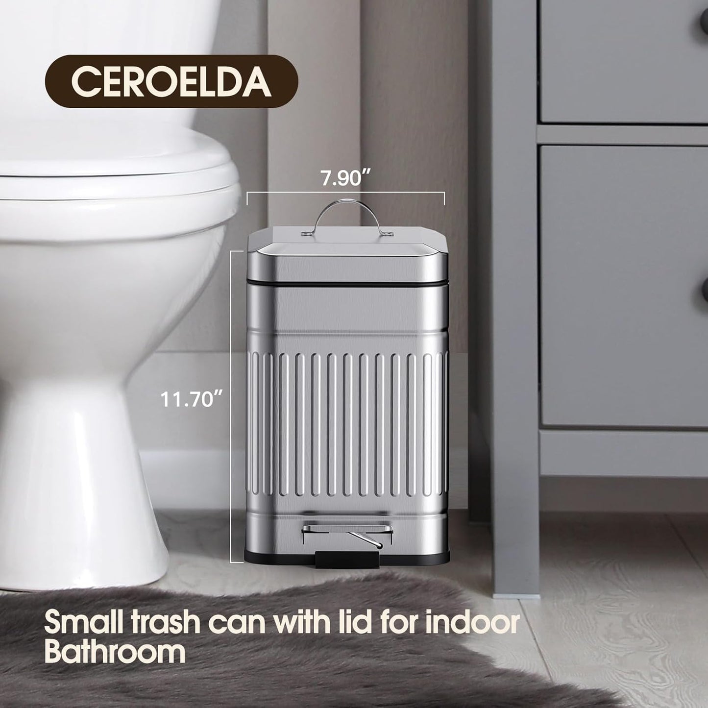 CEROELDA Small Trash Can with Lid-5L/1.3 Gal,Outdoor Dog Poop Garbage Can-Farmhouse Retro Metal Waste Bin w/Step Pedal for Bathroom Bedroom Office-Soft Close-Galvanized Steel…