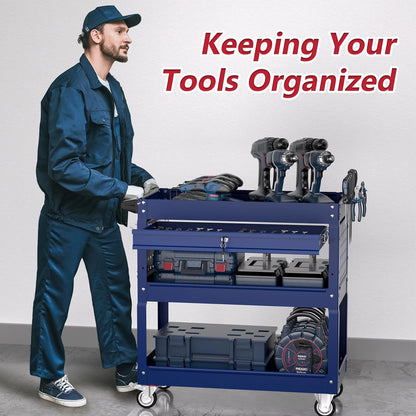 3 Tier Rolling Tool Cart on Wheels, Heavy Duty Service Cart Industrial Utility Cart with Drawer and Screwdriver Rack Pegboard, 550 LBS Mobile Tool Storage Organizer for Garage, Workshop (DARKBLUE)