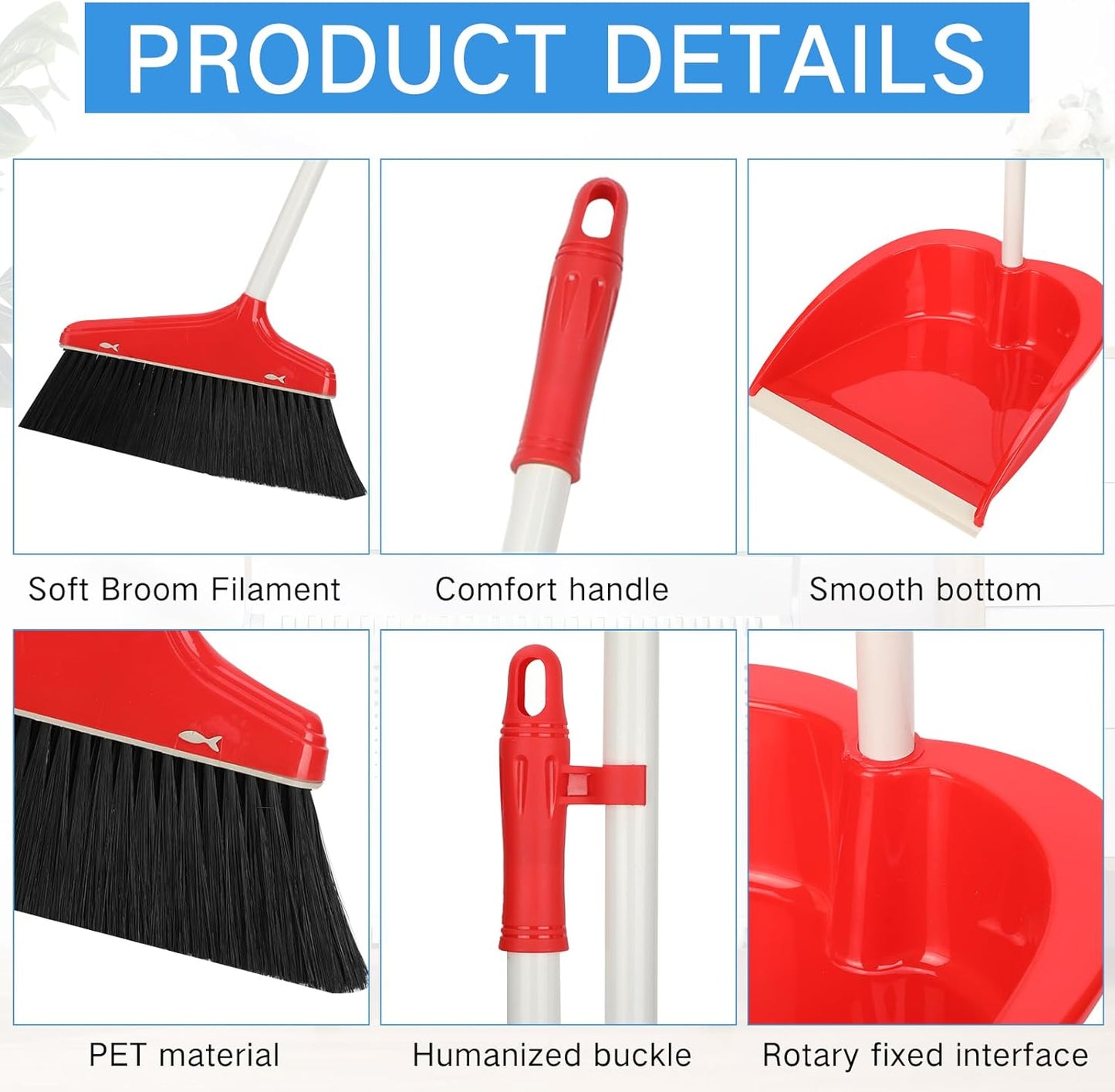 WILLBOND Set of 8 Broom and Dustpan Set Long Handle Broom with Upright Standing Dustpan Broom with Dustpan Combo Set Dust Pan with Long Handle for Lobby Kitchen Office Floor Outdoor Cleaning (Red)