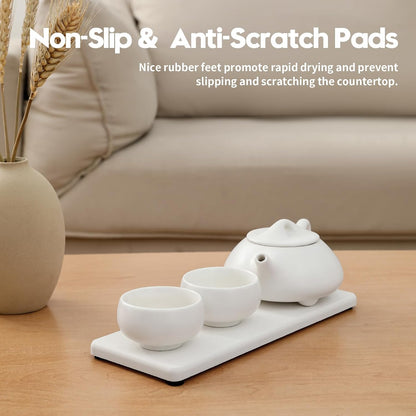 2PCS Bathroom Sink Trays, Water Absorbing Diatomite Stone Quick Drying Mat for Kitchen Counter, Dish Rack Soap Dispenser Sponge Holder Caddy Vanity Organizer, White, 9"x3.5"