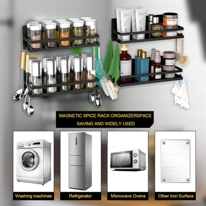 Magnetic Spice Rack for Refrigerator,Magnetic Shelf Fridge Organizer for Kitchen, Spice Rack Space Saver Container for Kitchen/Apartment, Drill Free, Black 6 Pack