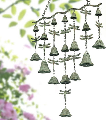 Dragonfly Wind Chimes for Outside, Large Strung Verdigris Windchimes with Wrought Iron Bell for Garden, Patio, Porch Outdoor Decor, Memorial Sympathy