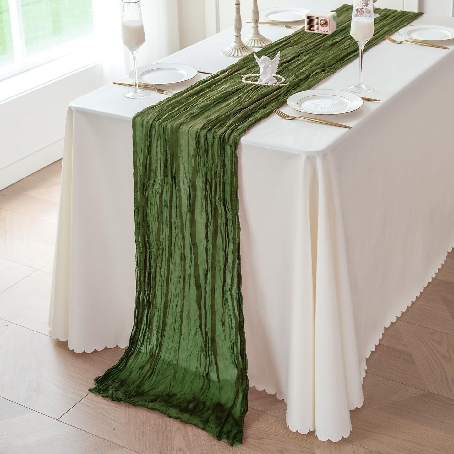 Sioloc 10 Pack Moss Green Cheesecloth Table Runner Fall Autumn Decor for Home 10ft Table Cloth for Tea Wedding Birthday Party Baby Bridal Shower Halloween Thanksgiving