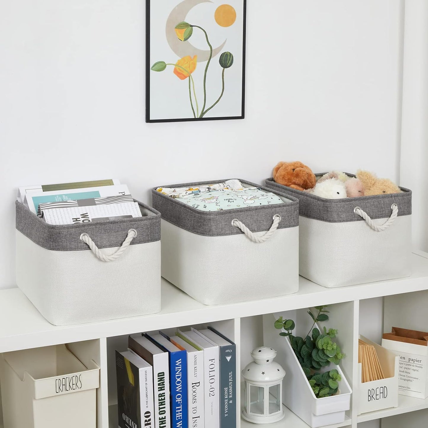 Bidtakay White Baskets with Cotton Rope Handles Decorative Storage Bins [3-pack] Fabric Bins for Organization Linen Closet Shelf Storage Baskets for Clothes Toys Towels 15 X 11 X 9.5 Inches