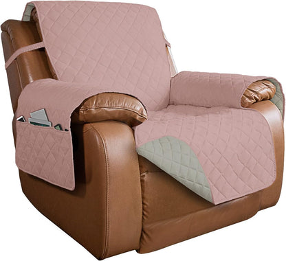 PureFit Reversible Quilted Sofa Cover, Water Resistant Slipcover Furniture Protector, Washable Couch Cover with Non Slip and Elastic Straps for Kids, Dogs, Pets (Oversized Recliner, Pink/Beige)