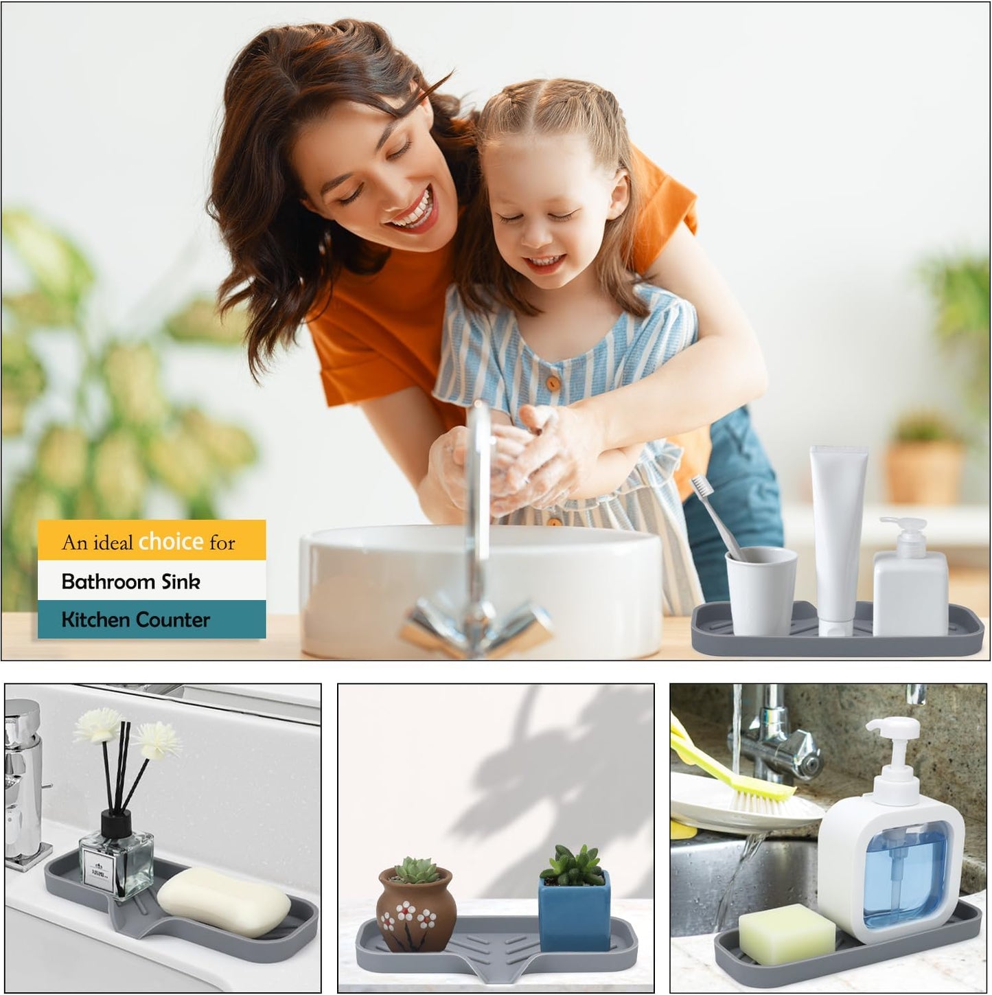 Silicone Bathroom Soap Dishes, Sponge Holder for Kitchen Sink, Shower Soap Holder with Drain, Soap Dispenser Tray, Soap Dish for Bottle, Cup, Sink or Counter Organizer - Gray 9" x 3.15"