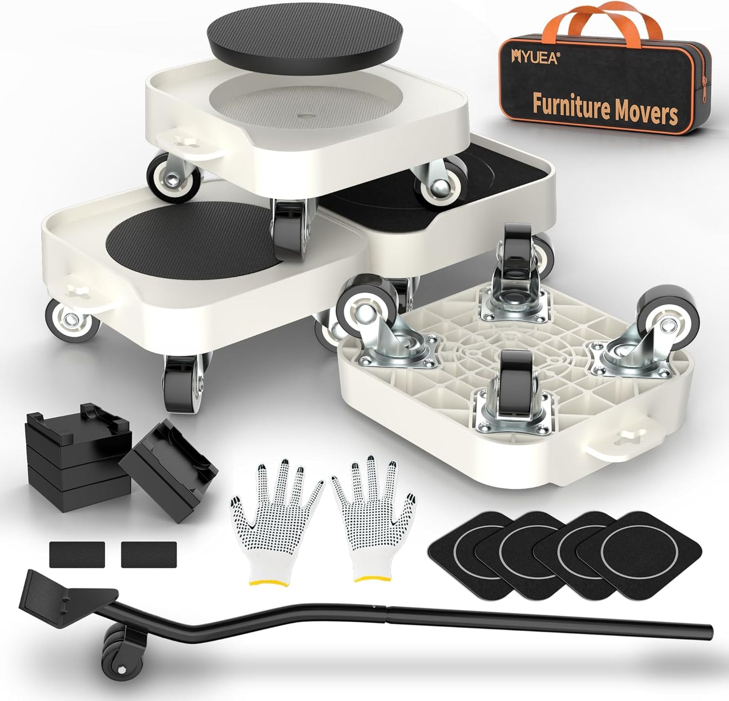 MUEA Furniture Dolly,Heavy-Duty Furniture Movers with Removable Center Pad,Non-Slip L-Edge & TPR Wheels,Moving for Round/Flat Leg Furniture–Includes Pry Bar,Gloves,Mat and Storage Bag(1200LBS)