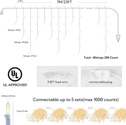 200 Christmas Icicle Lights, Warm White Clear Bulbs with 23FT Long White Wire, Professional Grade String Lights for Indoor & Outdoor,Xmas,Party, Patio, Courtyard, Window, Fence, Trees Decor