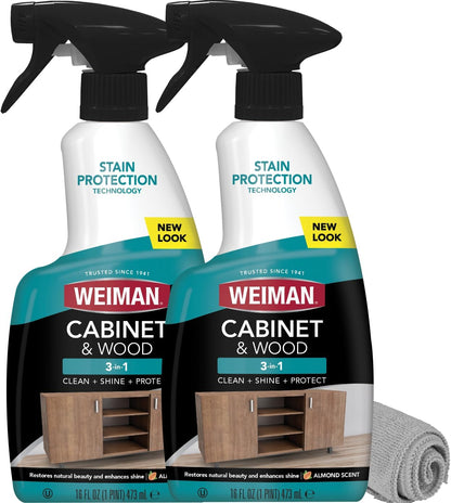 Weiman Cabinet and Wood Cleaner, Shine, Clean and Protect Spray - For Wood Cabinets, Furniture, Tables, Baseboards, Trim and more, 16 oz, 2 PACK with MicroFiber Towel