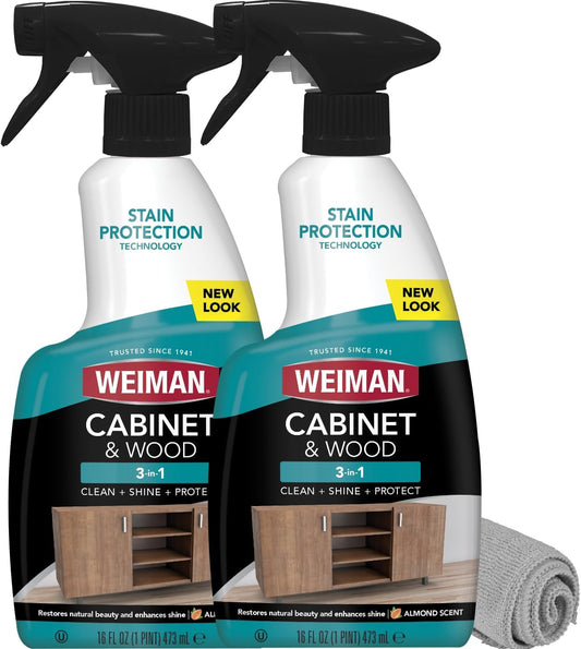 Weiman Cabinet and Wood Cleaner, Shine, Clean and Protect Spray - For Wood Cabinets, Furniture, Tables, Baseboards, Trim and more, 16 oz, 2 PACK with MicroFiber Towel