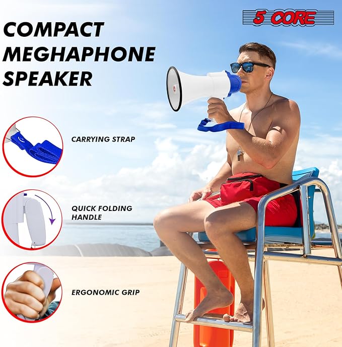 5 CORE Megaphone 30W Bull Horn PA Speaker w 800 Yards Range Loud Siren Voice Amplifier Lightweight Portable Megafono for Outdoor Sports Cheerleading and Coaches (8R-USB-WB)
