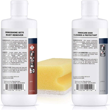 CLEAN MY STEEL Stainless Steel Rust Stain Remover & Cleaner Kit, NSF Safe for Food Areas. Includes Cleaner for Commercial Equipment, Appliances, Gloves & Sponge (8.5 oz)