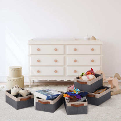 GhvyenntteS Small Fabric Storage Bins 12 Pack, 11.8" x 7.87" x 5.11" Storage Basket with Leather Handles, Closet Storage Bins for Shelves, Storage Baskets for Shelves, DVD Storage (Grey&Beige Yellow)