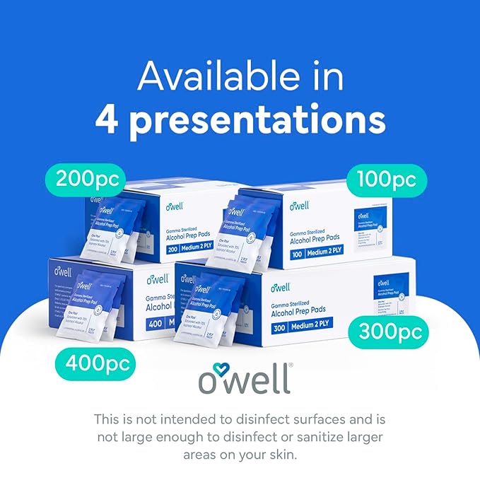 OWELL Prep Pads - 300 Individually Wrapped Sterile Alcohol Wipes, Medium 2-Ply Antiseptic Wipes for Disinfecting Skin, First Aid Kit Alcohol Swabs (3 Packs of 100 Count)