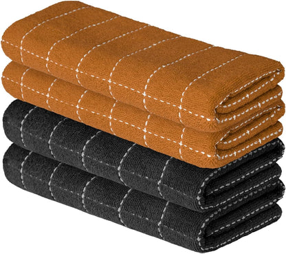 Artoid Mode Checkered Designed Cotton Black Caramel Terry Kitchen Dish Towels, 15x25 Inch Soft Absorbent Quick Drying Cleaning Tea Towels Set of 4