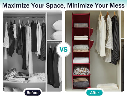 YOUDENOVA Hanging Closet Organizer and Storage, 6-Shelf Closet Hanging Storage Shelves, Dark Red