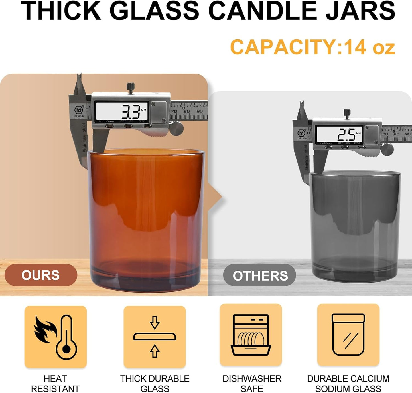 14 OZ Thick Candle Jars for Making Candles 12 Pcs, 3 Wick Empty Jars with Wood Lids for Candle Making, Sample Container,Clear Brown