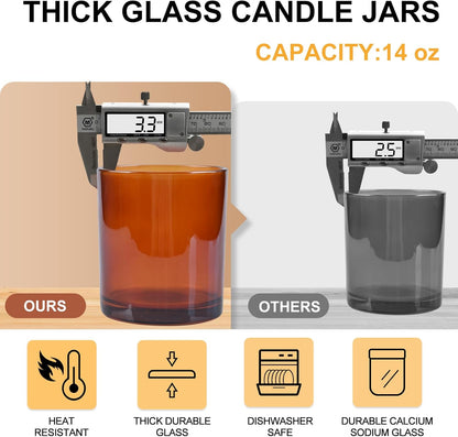 14 OZ Thick Candle Jars for Making Candles 12 Pcs, 3 Wick Empty Jars with Wood Lids for Candle Making, Sample Container,Clear Brown