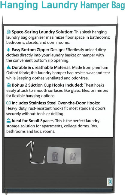 Hanging Laundry Hamper Bag – Space-Saving Dirty Clothes Storage with Free Adjustable Stainless Steel Over-the-Door Hooks & Suction Cup Hooks – Ideal for bathrooms, bedrooms & dorms (2, Gray)