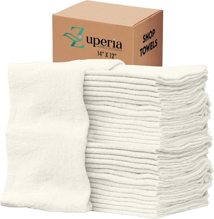 ZUPERIA Cotton Shop Towel – Multipurpose Cleaning Cloths (14" x 12" - Pack of 500 - White) Reusable Shop Rags for Automobiles, Industrial, Restaurants, Garage, and Homes
