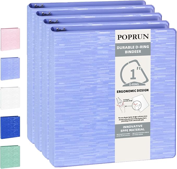 POPRUN 3 D Ring Binder 1 Inch, PVC-Free, Holds 225 Sheets of 8.5 x 11 Paper, Extra Durable Organizer with 2 Pockets for School & Office, Heavy-Duty, 4 Pack, Cornflower Purple