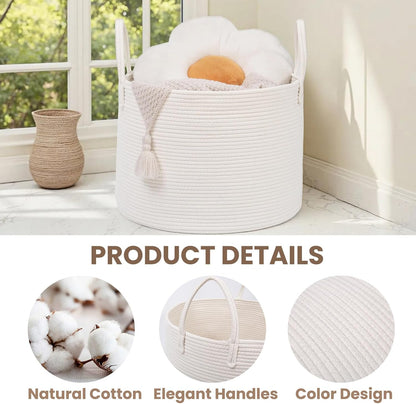 Woven Blanket Basket,115L Large Rope Storage Bin with Handles, Organizer for Blankets Toys Book and Clothes, Laundry Basket for Living Room Bedroom Nursery,White