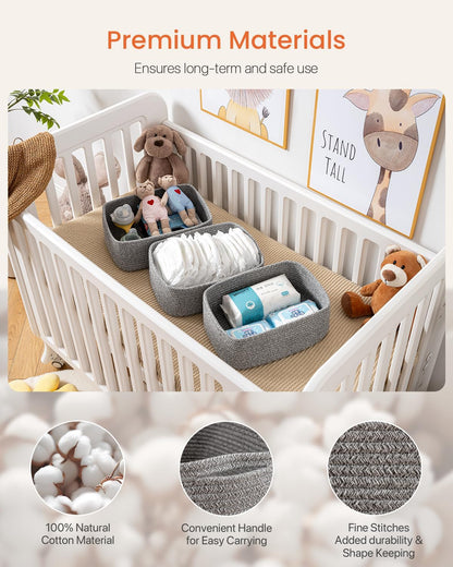 Small Woven Basket, 13.5 x 9.5 x 5 Inches, Storage Basket for Organizing, Cute Small Rope Shelf Closet Cube Storage Bins Baskets for Shelves, Dog Toy Gift Baskets Empty, 3 Packs, Mixed Grey