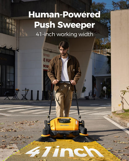 41" Industrial Walk-Behind Hand Push Floor Sweeper | Commercial 55L Large Capacity | 45000 SqFt/Hour | Indoor & Outdoor Use (Yellow)