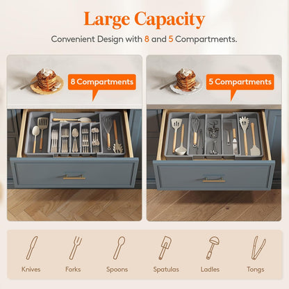 Lifewit Silverware Drawer Organizer and Utensil Organizer Set, Expandable Cooking Cutlery Tray for Kitchen, Adjustable Plastic Flatware Holder Storage Divider for Spoons Forks Knives, Large, Gray