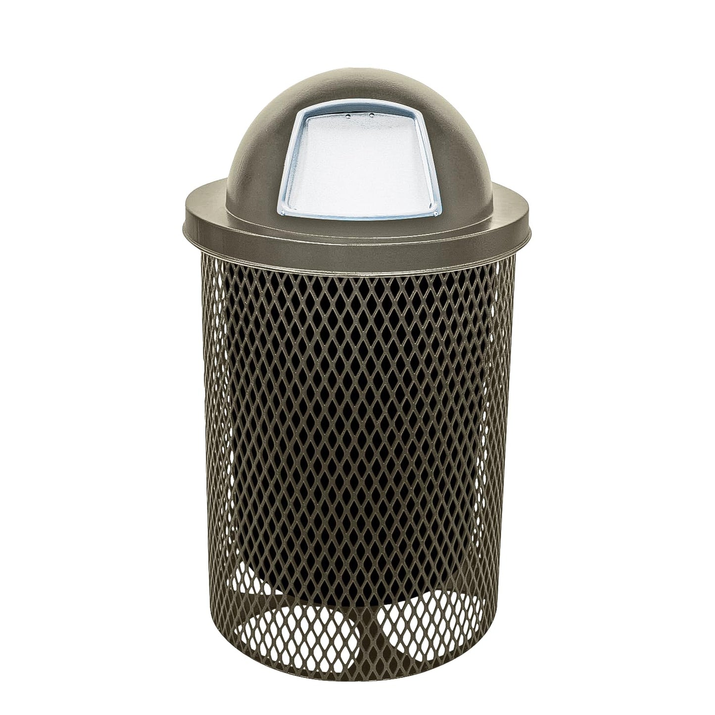COATEDOUTDOORFURNITURE 32-Gallon Heavy-Duty Expanded Metal Round Trash Receptacle, Commercial Outdoor Waste Bin with Liner & Black Dome Lid – Made in America (Textured Gold Vein)