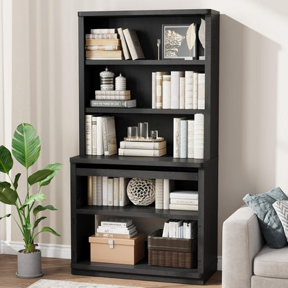 Rresyet 5 Tier Bookcase with Flip-Flop Design, 71" x 37" x 16" Wooden Book Shelf, Extra Bookshelf Storage Organizer, Display Standing Shelf Unit for Home Office, Living Room, Study Room (Black